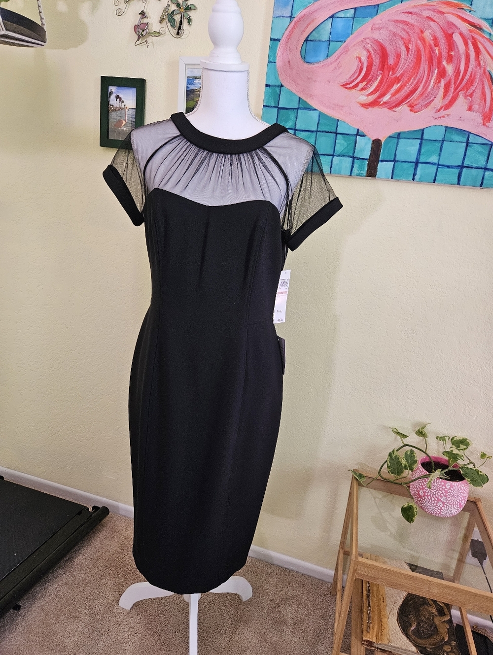 Maggy London Black Sheath dress with Illusion Mesh Yoke
